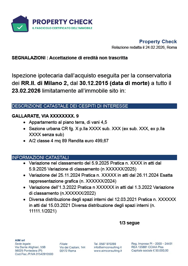 Esempio reale di fascicolo Property Check: relazione dell'immobile redatta da Visurista AVI